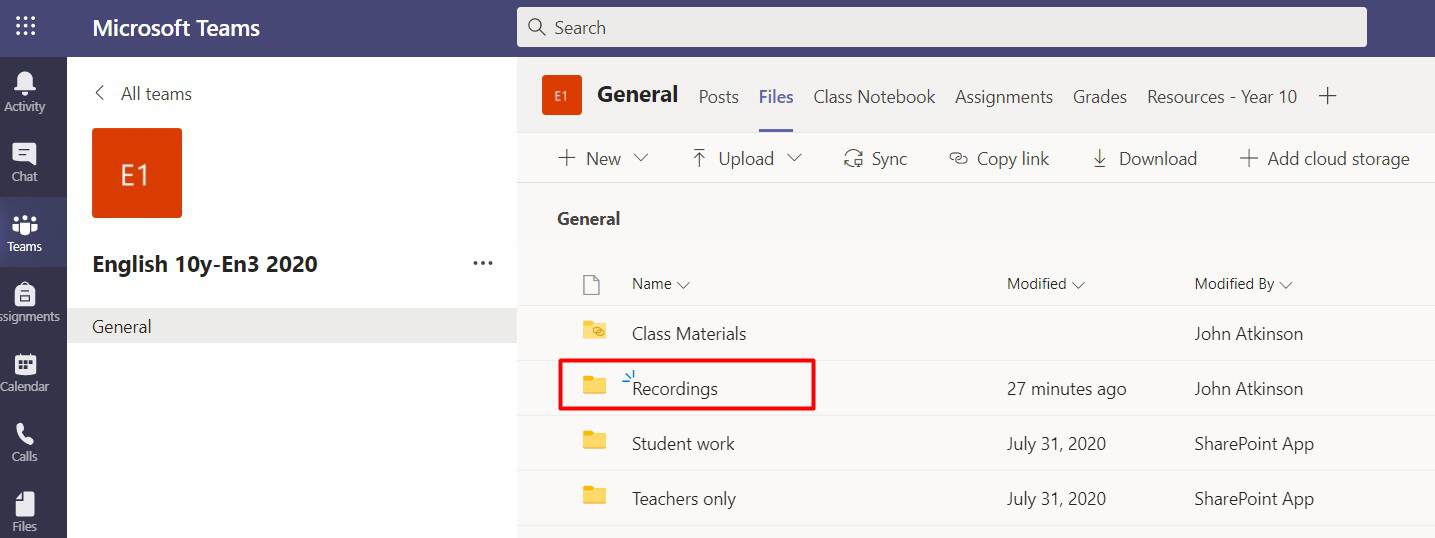 Recorded meetings folder