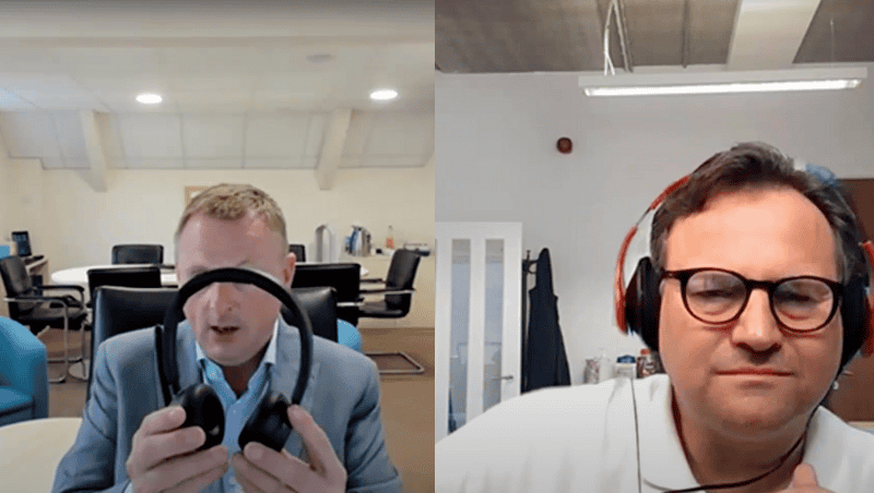 Jonathan Bishop shows the noise cancelling headsets he invested in for TCAT.