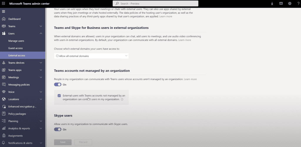 Turn on External Access in Teams Admin Centre