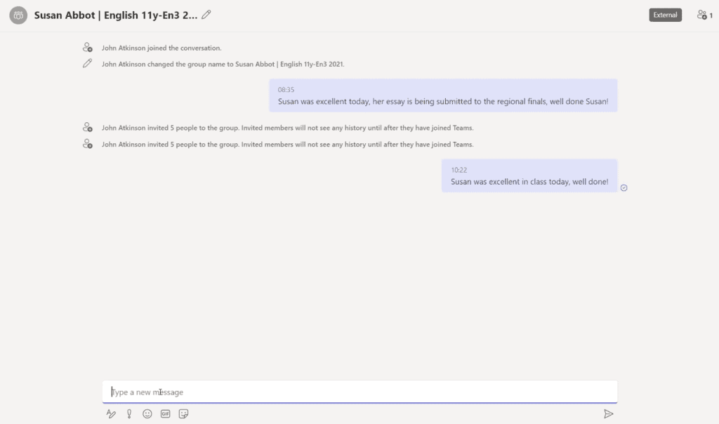 An example message to a student's parent/guardian in Microsoft Teams using the Parent Connection app