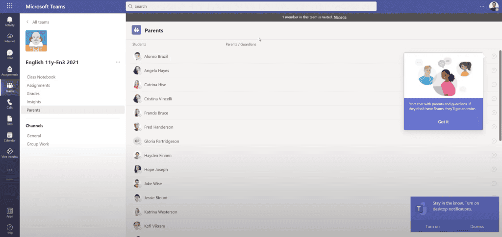 The Microsoft Parent Connection app in Teams