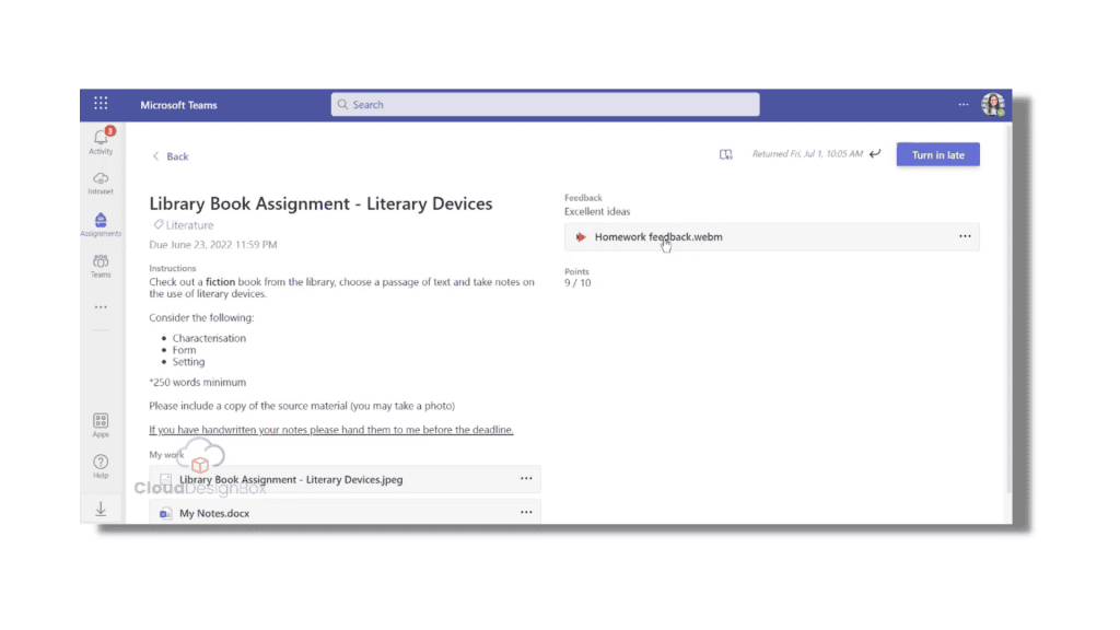 Example of Student View of Feedback in Microsoft Teams Assignments