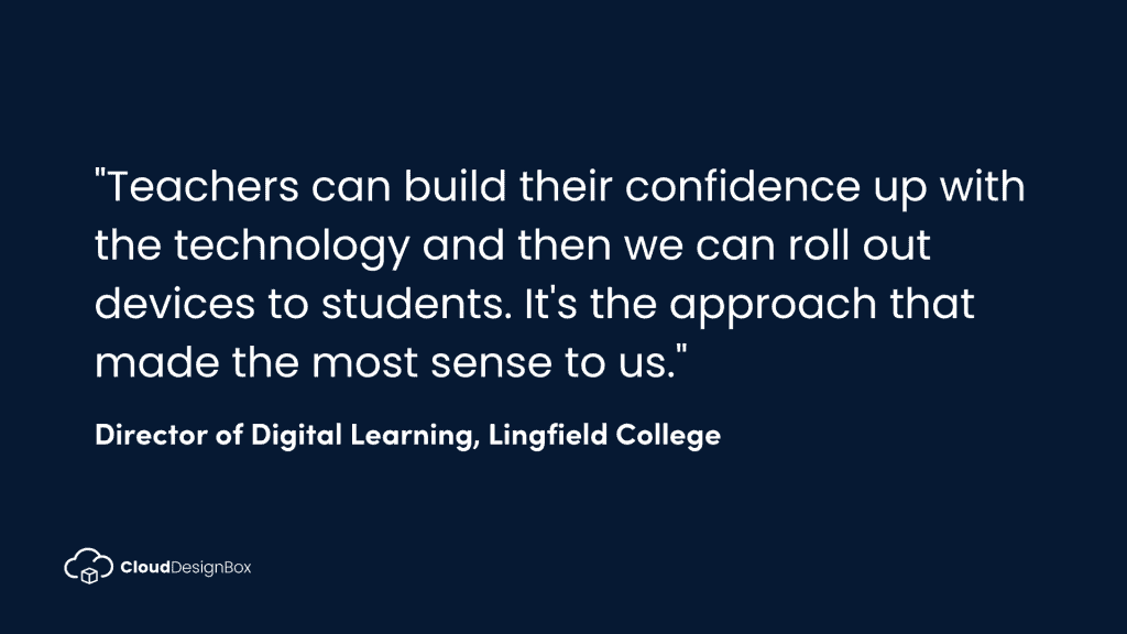 Cloud Design Box logo with a quote about technology in education.