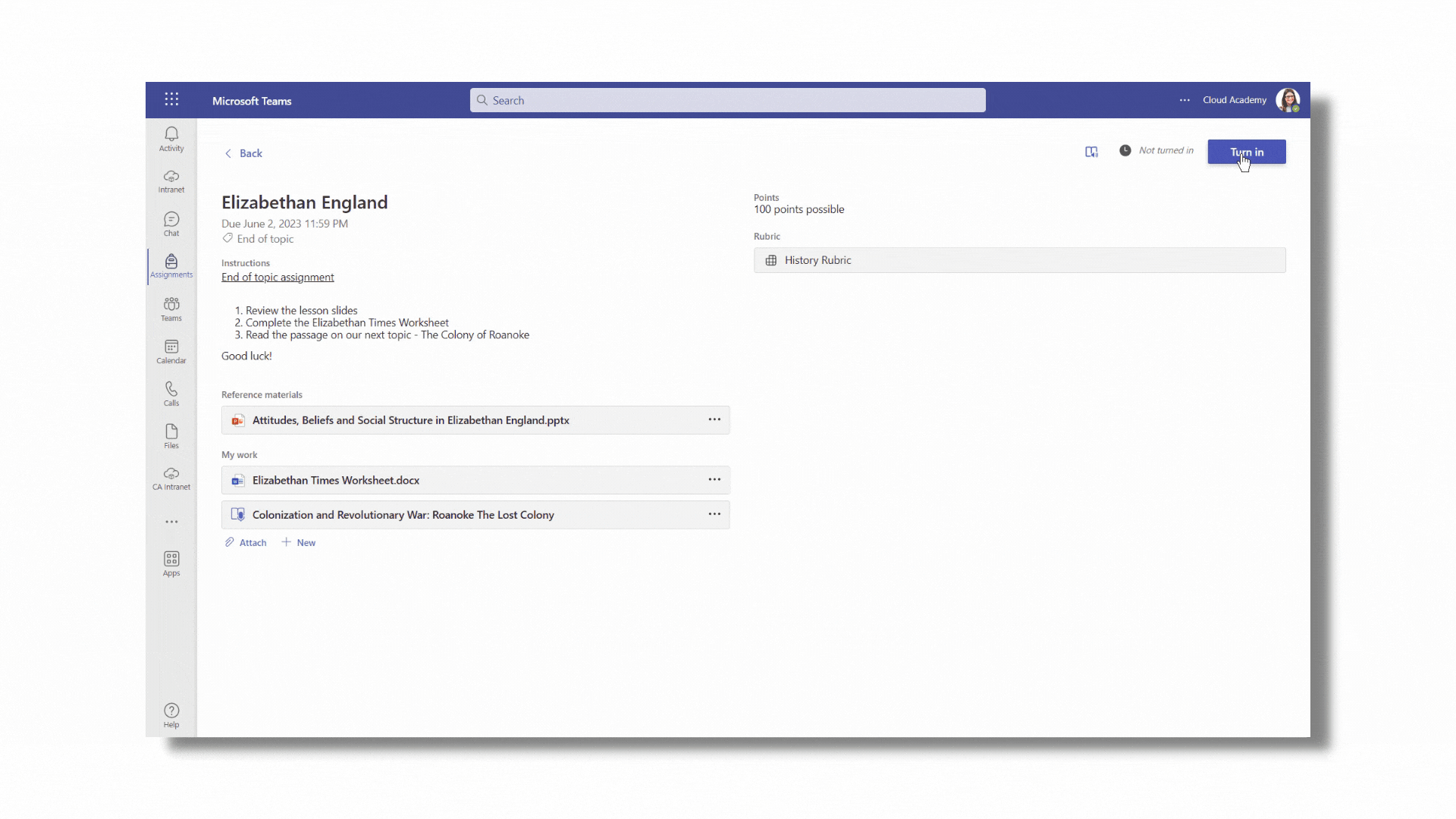 Turning in an assignment in Microsoft Teams