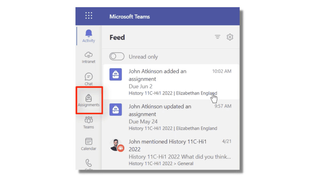 Viewing assignments from Assignments tab