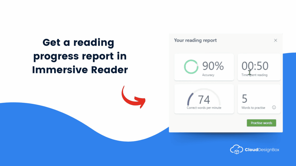 Get a reading progress report in Immersive Reader. Image of reading report in Reading Coach.