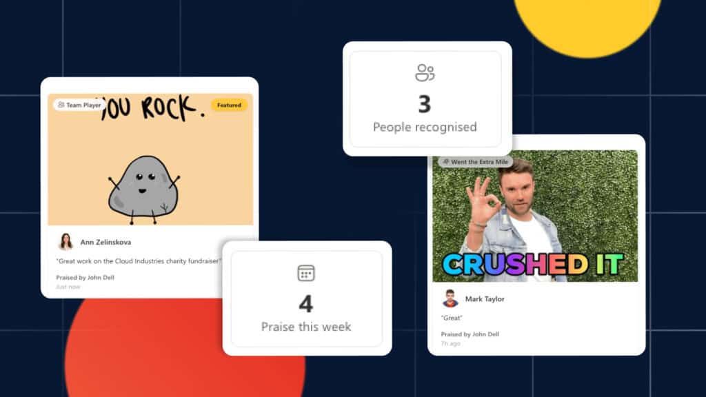 Praise Web Part cards on a navy background: a 'You Rock' Team Player card praising Ann Zelinskova, a 'Crushed It' card praising Mark Taylor, and two stat tiles reading '3 People recognised' and '4 Praise this week'.